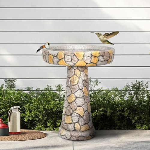 watnature Stone Like Outdoor Bird Bath - Concrete Freestanding Patio Birdbath with Pedestal for Garden, Patio, Yard, Lawn - 18.8”L X 18.8”W X 24”H Rustic Faux Stone Pedestal Outdoor Garden Birdbaths - Image 2