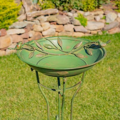 Zaer Ltd. Deep Well Made Metal Birdbath with 2 Cast Iron Birds and Leaf Decoration (Verdi Green) - Image 2