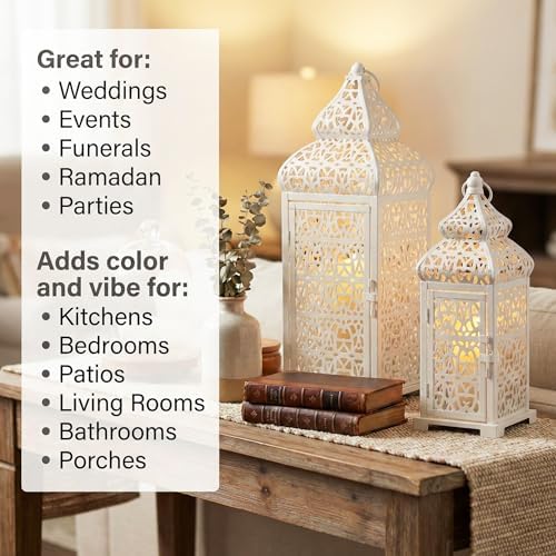 Vela Lanterns Decorative Indoor Moroccan Candle Holders, White, Set of 2 - Image 3
