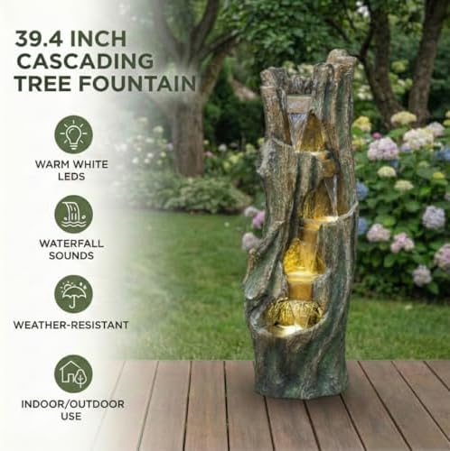 Outdoor Tree Waterfall Fountain with LED Lights,Freestanding Tree Design Garden Water Feature,Polyresin Construction,Easy Setup for Patio Backyard Lawn Porch - Image 3