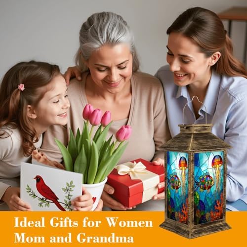 Solar Lantern Outdoor Waterproof Stained Glass Fish Jellyfish Vibrant Colors Garden Decor LED Hanging Solar Lights Tabletop Lamp Gifts for Women Mom Outside Yard Patio Porch - Image 4