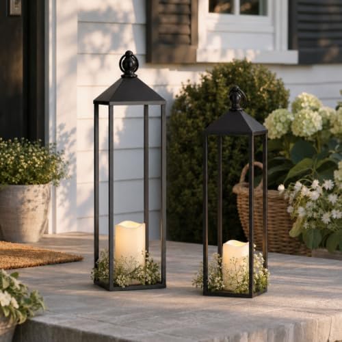 Perfnique Decorative Lanterns for Indoor & Outdoor, Set of 2 Black Metal Lanterns (22" & 19") with LED Timer Flameless Candles, Farmhouse Modern Decor for Front Porch, Patio, Mantle - Image 6