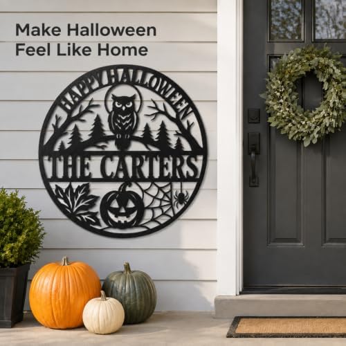 Personalized Halloween Metal Sign, Custom Family Name Wall Decor with Owl, Pumpkin and Spider Web, Round Front Door Sign for Porch, Entryway, Indoor Outdoor Home Decoration - Image 2