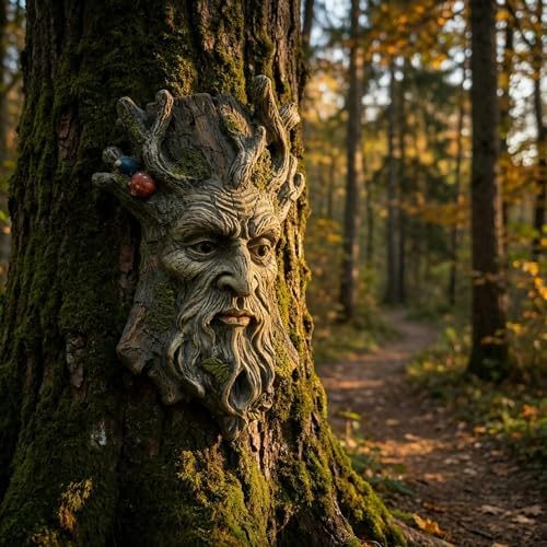 Tree Face Garden Statues Outdoor Decoration Clearance, Whimsical Old Man Tree Faces for Fence Hugger Sculpture, Wallmount Statue Fairy Art with Mushroom, Patio Home Hanging Decor, 6.9" x 2.8" x 9.8" - Image 2