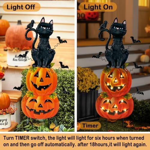 Outdoor Halloween Decorations,Metal Black Cat & Jack'O Lighted Timer Stakes - Image 4
