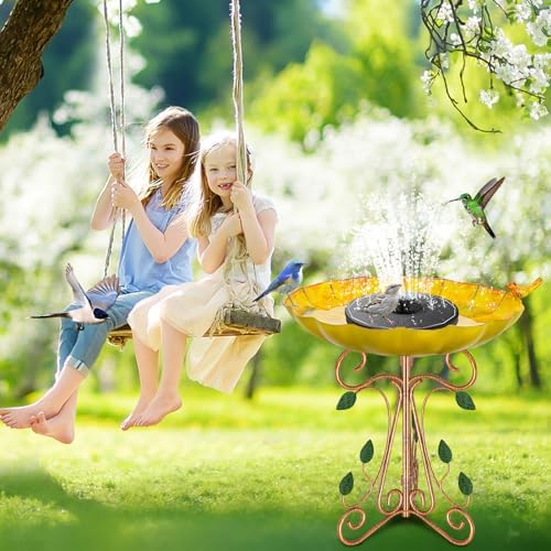 Vintage Metal Bird Bath for Outside, 13" Dia Birdbaths Bowl with Cast Iron Pedestal, Large Antique Bird Feeder with Folding Bracket for Outdoors Garden Patio Yard Decor (Retro Yellow) - Image 4