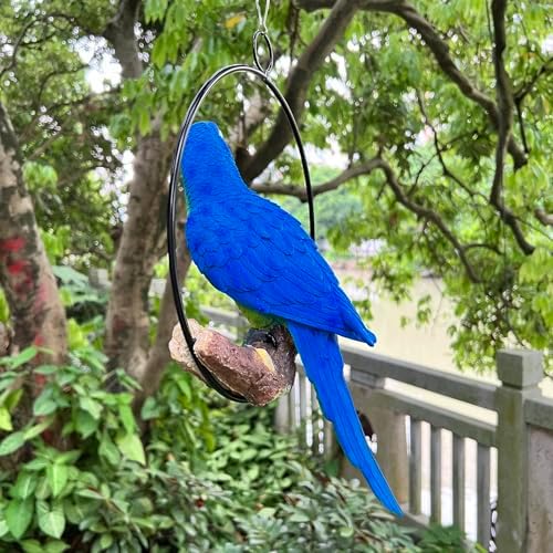 Hanging Scarlet Macaw Parrot Perching on Branch in Metal Round Ring for Home Patio Garden Decor 16" H (Blue and Yellow) - Image 3