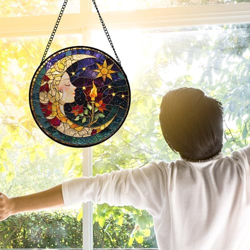 Moon Goddess and Rose Stained Glass Window Hanging Suncatcher Gifts 9.8" - Image 3