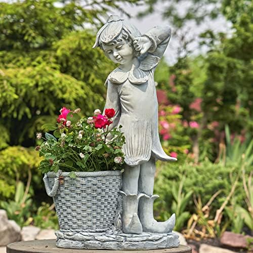30" Tall Magnesium Fairy Statue with a Planter Side Basket (Antique White) by ZaerLtd