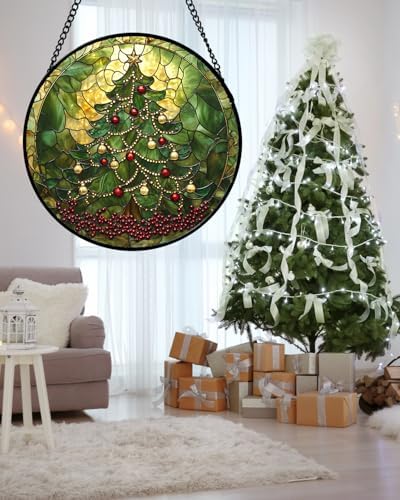 Stained Glass Window Hanging - Retro Green Christmas Tree Suncatcher for Doors Home Christmas Decoration Sun Catcher Thanksgiving New Year Birthday Gifts for Women Men Mom Nana 15 in - Image 4