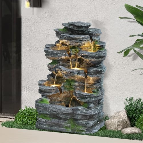 7-Tiers Cascading Rock Water Fountain Outdoor, Garden Waterfalls by Dephet