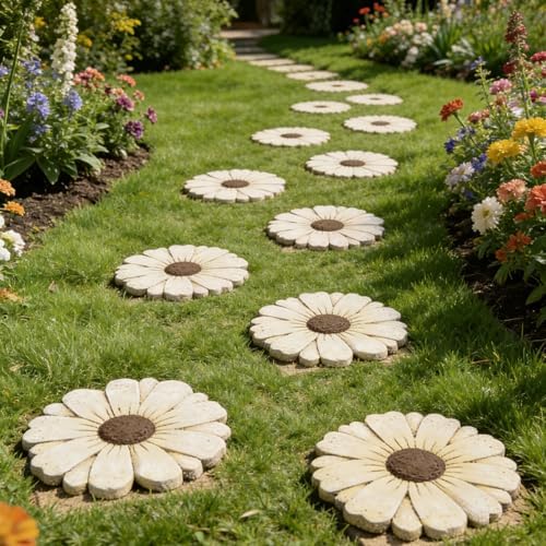 Landoraloria Cement Flower Stepping Stone 10” Daisy Garden Path Stone for Yard & Walkway Handcrafted Non-Slip Outdoor Patio Decor Weather-Resistant Cement Stone (White) - Image 4