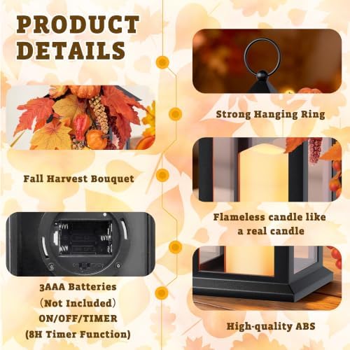 Fall Lanterns Decorative Indoor, 14" Autumn Decor Black Outdoor Lantern - Image 2