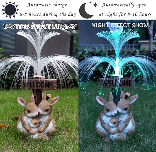 Solar Rabbit Garden Statues,Resin Rabbit Family Figurine with Welcome Card and 7-Color Changing Optical Fiber with Solar Lights, Lawn Decor Outdoor Statue for Patio,Balcony,Yard,Lawn - Image 5