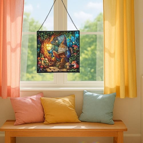 Forest Reading Gnome Stained Glass Suncatcher – Square Hanging Window Panel for Home or Greenhouse – Whimsical Glass Art Gift for Garden Lovers, Christmas, Halloween, Father Days YBMxRz - Image 5