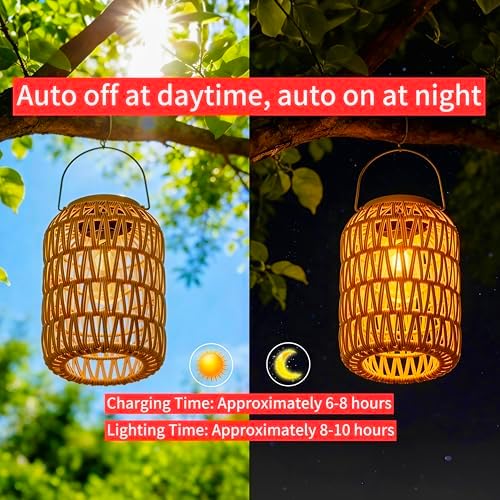 Cooo 2 Pack Rattan Solar Hanging Lanterns Waterproof Outdoor Edison Bulb - Image 2