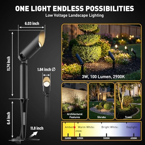 GOLDEN STAR Low Voltage Landscape Lights - 3W 100LM Compact Spotlights, 12V AC Cast Aluminum Accent Lighting, 2900K Warm White, Replaceable MR11 LED Bulb, with Reinforced Stakes - Image 2