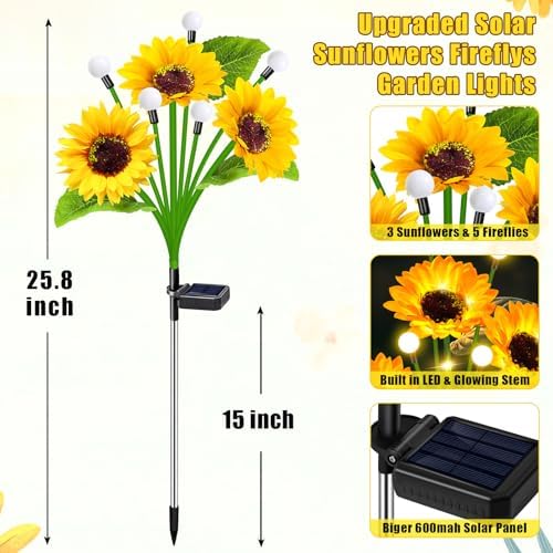 Solar Lights Outdoor Garden Decor 4 Pack Sunflower Firefly Solar Flowers - Image 3
