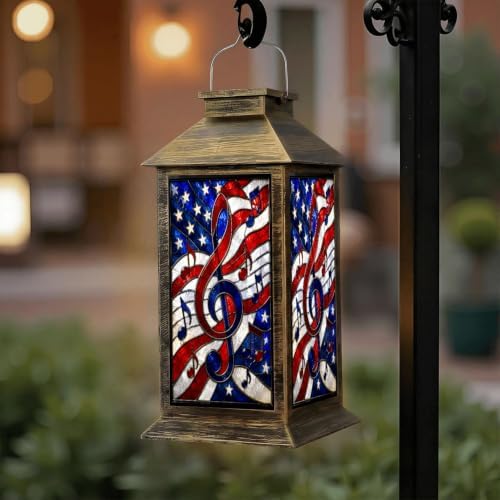 Solar Lantern Patriotic Stained Glass Design Outdoor Waterproof Garden Hanging Lantern Solar Powered Lighting Outside Solar Light for Patio Yard Camping, Gifts for Women Mom - Image 6