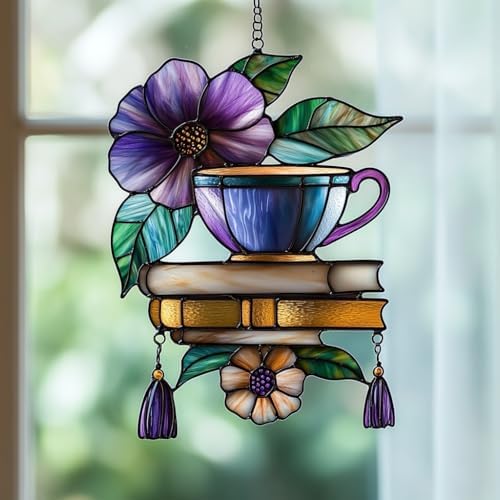 Hibiscus Tea Cup and Books Acrylic Suncatcher by AVAGAN