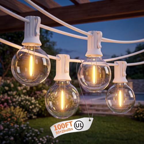 100FT G40 LED Outdoor String Lights, 50+2 Shatterproof Bulbs, White Wire by Abeja