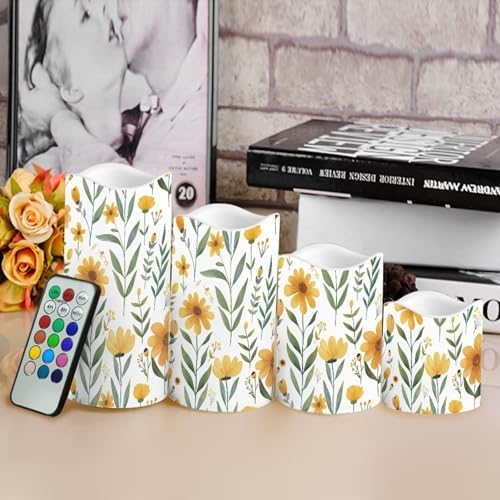 Yellow Floral Pillar Candles Battery Operated Color Changing Flameless Candles with Remote Timer LED Candles with Flickering Flame Indoor Outdoor Home Table Wedding Decor Set of 4 - Image 4