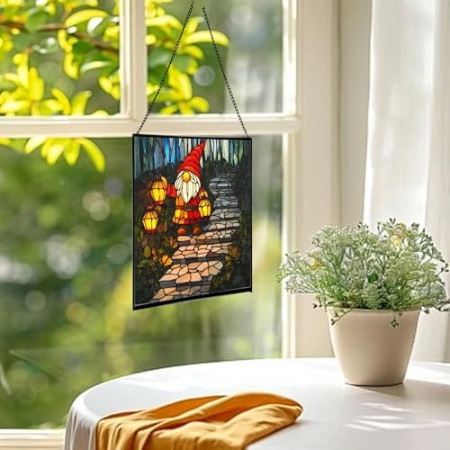 Lantern Path Gnome Stained Glass Suncatcher – Square Hanging Window Panel for Home or Greenhouse – Whimsical Glass Art Gift for Garden Lovers, Christmas, Halloween, Father Days 53PQ0z - Image 3