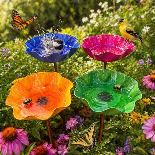 Handmade Metal Flower Garden Stake with Bee Bath & Bird Water Bowl, Weather-Resistant Butterfly Pollinator Watering Station, Decorative Outdoor Yard Art, Garden Decor Gift (4PCS（C）) by JNTGVINE