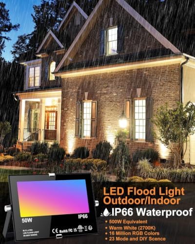 LED Flood Light Outdoor 500W Equivalent 5000LM,Bluetooth RGBW Colored Floodlight Landscape Lighting with APP Control,DIY Scenes,Timing, IP66 Waterproof,2700K,Color Changing Uplight with Ground Stakes - Image 2