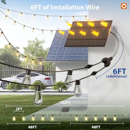 addlon 102FT(96+6) Solar String Lights Outdoor, with 52 Dimmable LED Bulbs - Image 6