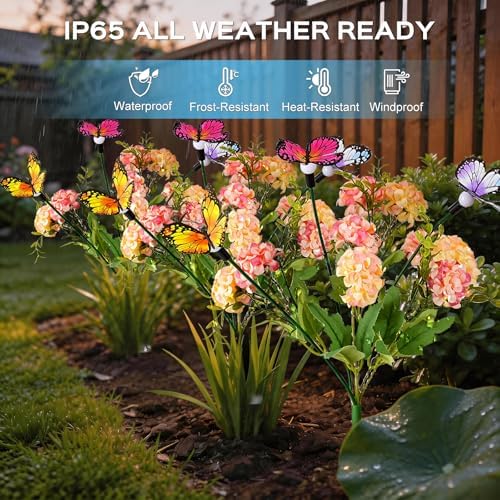 4 Pack Solar Garden Lights Outdoor, 8 Lighting Modes Warm White LED Powered Swaying Butterfly, Waterproof Hydrangea Flowers Landscape Light for Outside Yard, Patio, Pathway Decorative, Décor, Gifts - Image 2