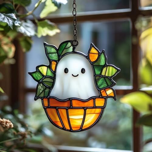 Cute Ghost in Monstera Plant Pot Acrylic Suncatcher by AVAGAN