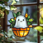 Cute Ghost in Monstera Plant Pot Acrylic Suncatcher by AVAGAN