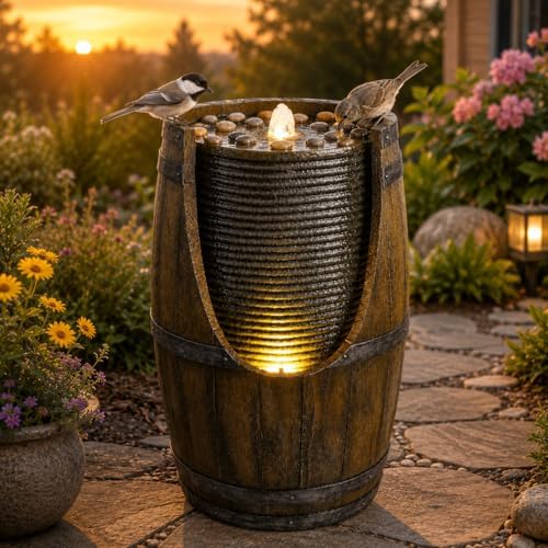 Rustic Barrel Garden Fountain with LED Lights - Image 3
