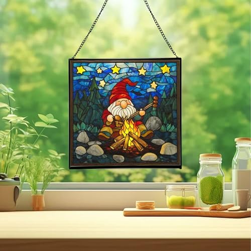Gnome with Campfire Cooking Stained Glass Suncatcher – Square Hanging Window Panel for Home, Garden, Nursery, Halloween, Christmas, Memorial Day – Whimsical Glass Art Gift for Gnome Lovers ulz706 - Image 2