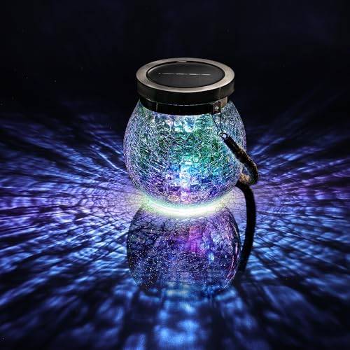 Cooo 12 Pack Upgraded Crystal Glass Solar Mason Jar Lights and 2 Pack Heavy Iridescent Crackle Glass Solar Lantern - Image 3