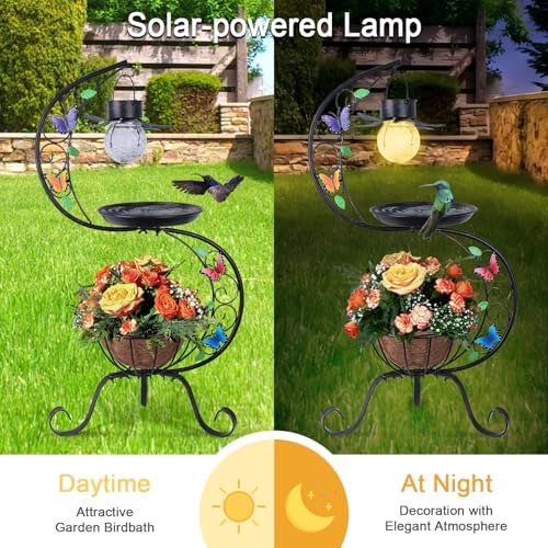 hogardeck Bird Bath for Outside with Solar Lamp, Metal Birdbaths for Outdoors with Flower Planter Pedestal, Vintage Birdbath for Garden Yard Patio Lawn Decor - Image 4