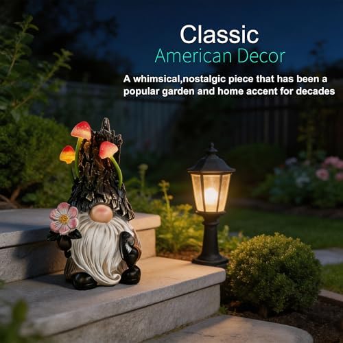 Solar Garden Gnome Statue Outdoor Decor with Mushroom Light - Image 2