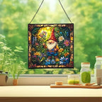 Midsummer Gnome Garden Stained Glass Suncatcher – Square Hanging Window Panel for Home or Greenhouse – Whimsical Glass Art Gift for Garden Lovers, Christmas, Halloween, Father Days P6KAqe - Image 2