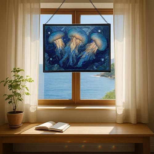 Jellyfish Floating in Moonlit Waters Rectangular Stained Glass Suncatcher – Hanging Window Panel with Animal & Nature Scene – Vibrant Glass Art Gift for Wildlife, Fantasy, Nature Lovers NMAUJn - Image 6