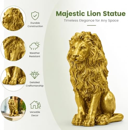24" Gold Lion Statue Outdoor Decor, Resin Sitting Lion Sculpture, Majestic Guardian Animal Figurine for Garden, Patio, Porch, Entryway, Courtyard, Lawn & Indoor Home Decoration - Image 3