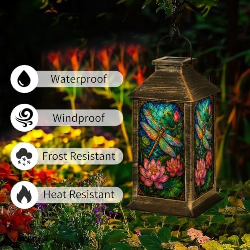 Solar Lantern Vibrant Stained Glass Outdoor Waterproof Garden Hanging Lantern Solar Powered Lighting Outside Solar Light for Patio Yard Camping, Gifts for Women Mom - Image 3
