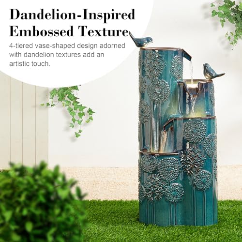 Glitzhome 31.75" H Ceramic Outdoor Water Fountain with LED Lights, 4-Tier Vase Outdoor Fountain, Turquoise Glaze,Dandelion Texture, Bird Bath Cascading Waterfall for Garden, Patio, or Porch - Image 3