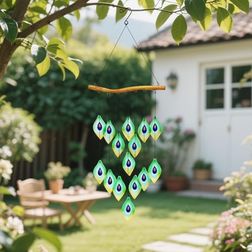 Handmade Peacock Feathers Glass Wind Chimes – Sea Glass Garden Windchimes for Outside, Hand-Painted Glass Suncatcher, Durable - Image 2