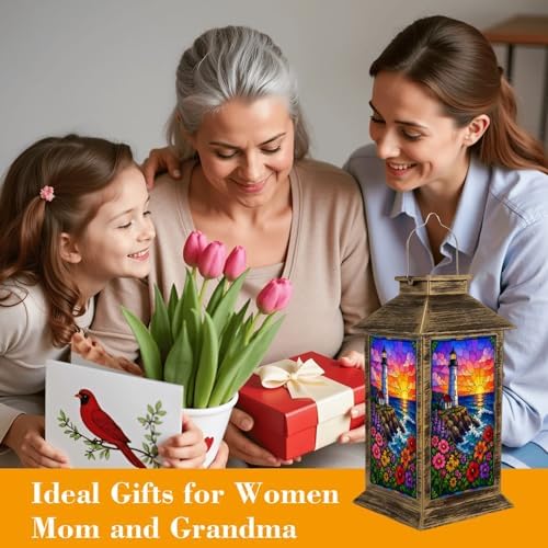 Solar Lantern Outdoor Waterproof Colorful Stained Glass Lighthouse Ocean Waves Sunset Flowers Garden Decor LED Hanging Solar Lights Tabletop Lamp Gifts for Women Mom Outside Yard Patio Porch - Image 4
