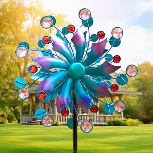 Solar Wind Spinner for Yard and Garden – 61 Inch Outdoor Metal Kinetic Sculpture with Multi-Color LED Glass Ball Light – Waterproof Windmill Stake for Patio, Lawn, and Pathway Decoration (Blue) by VISFLAIR