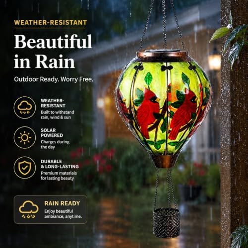 Cardinal Solar Lantern, Glass Hot Air Balloon Light with Flickering Flame - Image 6
