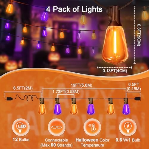 4 Pack Orange Purple Halloween Outdoor String Lights,26FT ST38 LED Patio Lights with 12+1 Shatterproof Edison Bulbs,UL Waterproof Connectable Hanging Lights for Backyard Porch Christmas Party Decor - Image 2