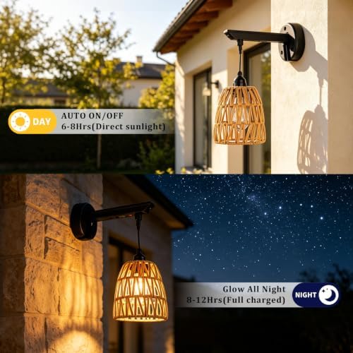 Solar Sconce Lights Outdoor, 2 Pack 6in H Boho Rattan Wall Lantern with USB Charging, IP65 Solar Outdoor Wall Lights, 3 Mode Motion Sensor, Hanging Porch Light for Garage Patio House Gazebos Garden - Image 2