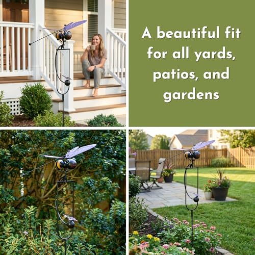 Red Carpet Studios Garden Art Small Bumblebee Balance Rocker Metal Garden Stake Yard Décor, 52.5” Tall, Purple Wings and Butterfly Cutout - Image 5